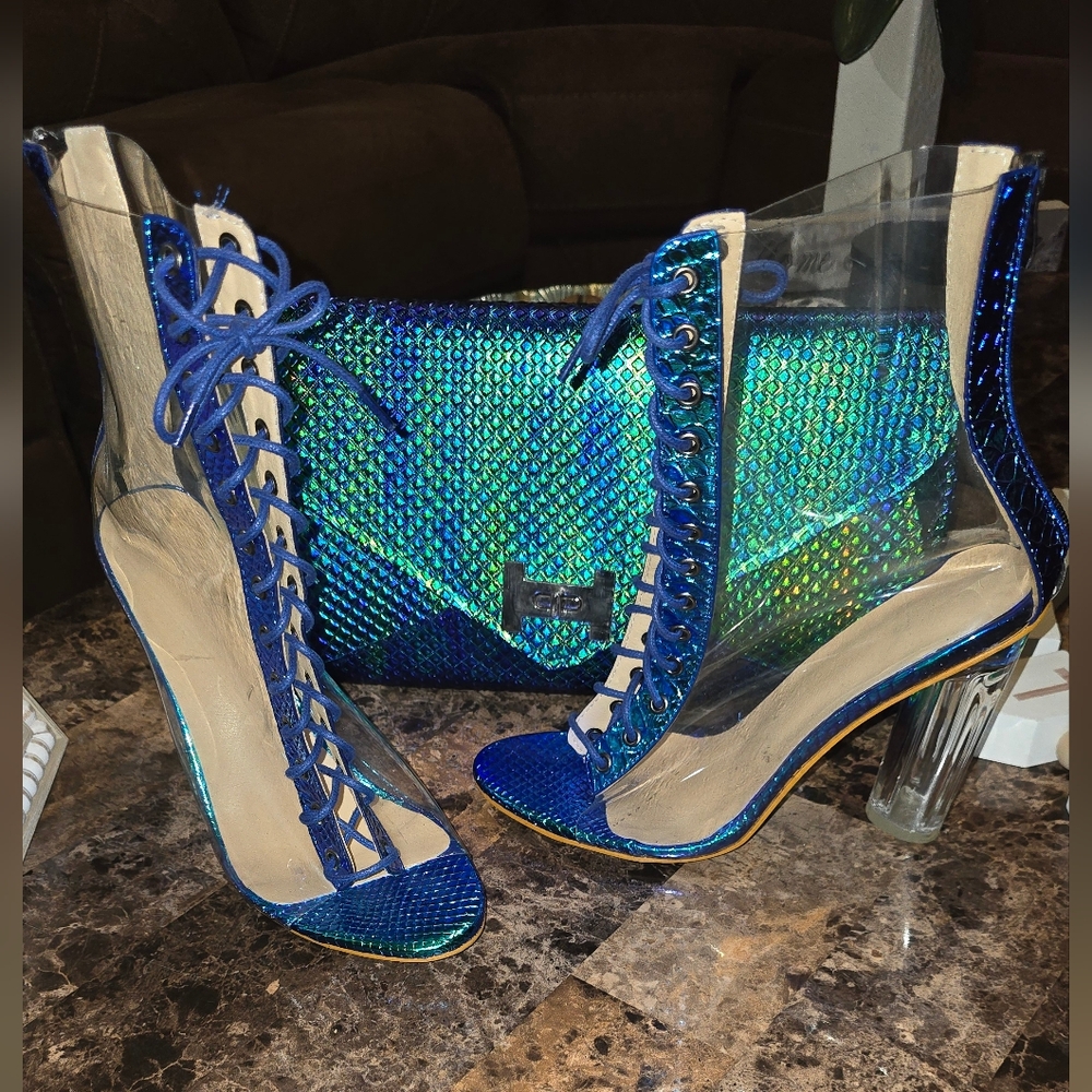 Stylish Blue and Green Women's Heels with Matching Purse